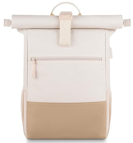 RJEU Laptop Rucksack für 17 Zoll,Rolltop Rucksack Herren Damen,Laptoptasche für Schule,Studium,Reisen,Schulrucksack(KhakiBeige-26L)