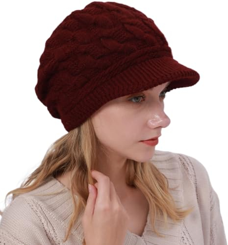 DURINM Warme Winter mütze Fleece Mütze Schirm Visor Wintermütze Damen Warme Gefütterte Wintermützegestrickte Schirmmütze Baseballmütze mit Weiches Dickes Fleecefutter (Dunkelrot)