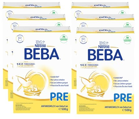 BEBA PRE Anfangsmilch von Geburt an, Babynahrung , nur Laktose, ohne Palmöl, 6er Pack (6 x 500g)