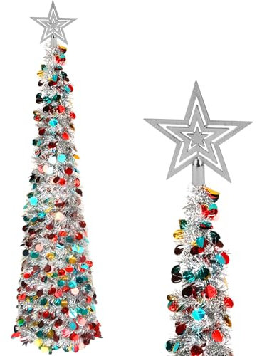 Künstlicher Weihnachtsbaum, 4ft/1.2m Zusammenklappbar Pop Up Weihnachten Bleistift Baum mit Bunten Pailletten Lametta, Glitzernde Funkelnde Dekoration Baum für Weihnachten Hochzeit Party (silbrig)