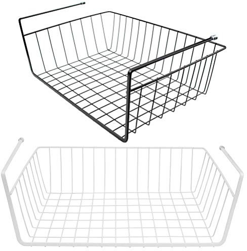 Lawei 2 Pack Large Under Cabinet Storage Shelf Wire Shelves Basket Organizer Fit Dual Hooks Kitchen Storage Under Shelf Storage Baskets for Kitchen Pantry Desk Bookshelf, Black and White