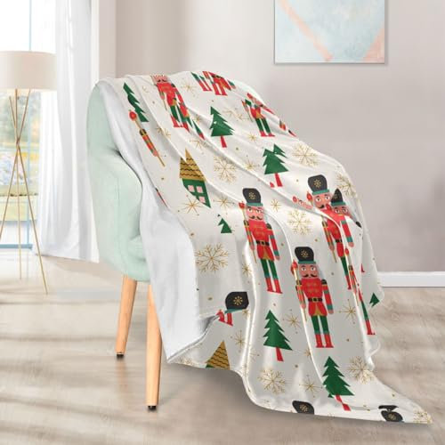 Jeté de lit en fausse fourrure chaude et douce, motif sapin de Noël et casse-noisette, grande couverture d'automne moelleuse pour canapé, bureau, voyage, camping - 127 x 152,4 cm
