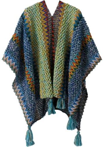 Damen-Winterponcho im Ethno-Stil gestrickter Schal warm übergroß gestreift Strickjacke vorne offen Poncho-Schal