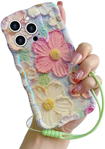 Micoden for iPhone 13 Pro Max Case Oil Retro Floral Print Curly Wave Silicone Case Aesthetic Fashion Flower Girls Women Phone Case with Strap for iPhone 13 Pro Max Green