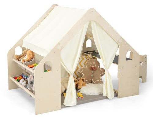DREAMADE 6 en 1 Tente de Jeu en Bois Enfants 2-6Ans,Maison de Jeu avec Tapis&Tableau Noir Double Face&Chaise&Coffre à Jouets&Rideaux,Cabane de Jeu Enfant Intérieure (145X98X113CM)