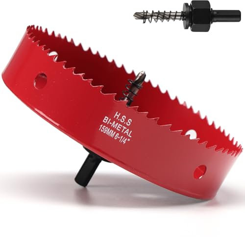 159mm Hole Saw, HSS Bi-Metal Hole Cutter with Drill Bit, Heavy Duty Hole Saw for Wood, Plastic, Drywall, Fiberglass, Red