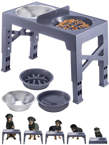 Holdfiturn Elevated Dog Bowls Raised Dog Bowl Stand with Slow Feeder Bowl & Non-Spill Slow Water & Stainless Steel Dog Food Bowls 5 Height Adjustable Bowls Stand for Medium & Large Dogs Grey