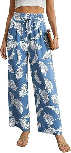 QIXING Weite Hosen Damen High Waist Palazzo Hose Gerade mit Taschen Yoga Stoffhose Elegant Sommer Damenhose mit Gummizug(Blau-Feder, L)
