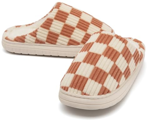 Waysoland House Slippers Women Men,Fuzzy Ladies Memory Foam Checkered Slippers Slip on Anti-Skid Sole Bedroom Cloud Ladies Slippers Indoor Outdoor with Fur Lining(Orange,7.5/8.5 UK)