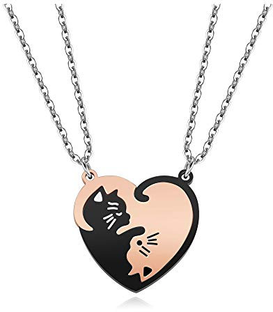 PiercingJak 2PCS Bijoux Colliers Pendentif Puzzle Coeur Separable Detachable Chat Acier Inoxydable Amitié Amoureux Couple avec 2 Chaînes Cadeau Couple Valentine (Noir+Or Rosé)