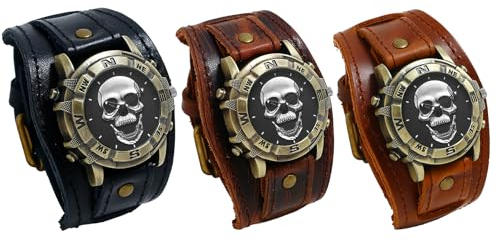 JewelryWe Herrenuhr Totenkopf Echtleder Uhr: 3 Stück Vintage Steampunk Silber Gotik Schädel Armbanduhr Herren Breit Lederarmband Biker Sport Lässige Uhr für Männer Halloween Party
