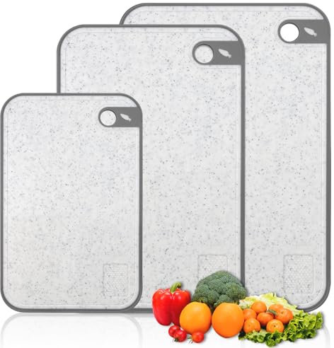 Lot de 3 Planche a Decouper Plastique, Planche à Découper Sans BPA avec Poignée, Antidérapante Planche a Découper avec Rainure de Jus & Presse-Ail, pour Poisson Légumes Fruits Viande Pain - Blanc