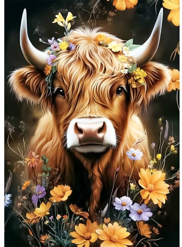 AIRDEA Hochlandrind Diamond Painting Erwachsene, DIY 5D Blumen Diamant Painting Bilder, Bastelset Erwachsene Frauen als Haus Wanddeko 30x40 cm