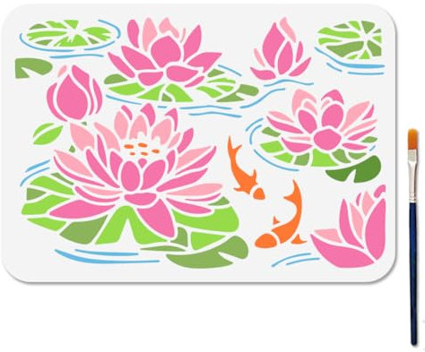 MAYJOYDIY Lotus-Teich-Schablone, Koi-Teich-Schablonen, Sommer-Lotusblätter, Bastelschablonen mit Pinsel, Blumenpflanzen-Vorlage zum Basteln auf Fenster, Holz, Wand, Heimdekoration