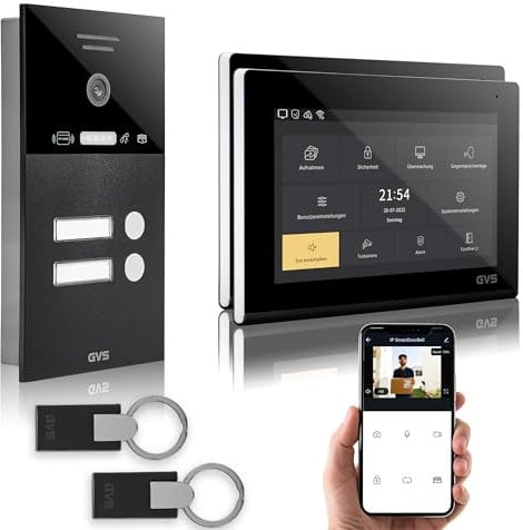 GVS - IP Video Türsprechanlage 2-Familienhaus mit Türöffner (RFID), HD Kamera, 2x7 Zoll Monitor & App - Smarte Video Türklingel mit Kamera & Gegensprechanlage (AVS4288U)
