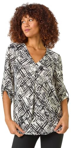 Roman Originals Leaf V Neck Stretch Jersey Top for Women UK Ladies Pleated Shirt Notch V Neck Blouse Summer Tunic Pull-On Soft Evening Holiday Work Party Everyday - Ivory - Size 12