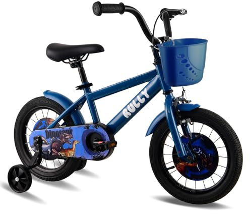 RULLY Dinosaur 14 Zoll Jungenfahrrad für Kinder von 3-5 Jahren, blau, mit abnehmbaren Stützrädern, Rücktrittbremse und Handbremse, Korb