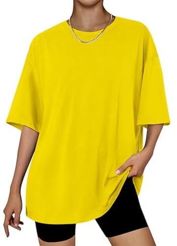 OYIGELZ Damen T-Shirt Oversized Lockere Passform Kurzarm Tops Sommer Tshirt Basic Bluse Rundhals Oberteile Weiten Trainiere Tshirt Baumwolle Tee(Gelb-K1,M)