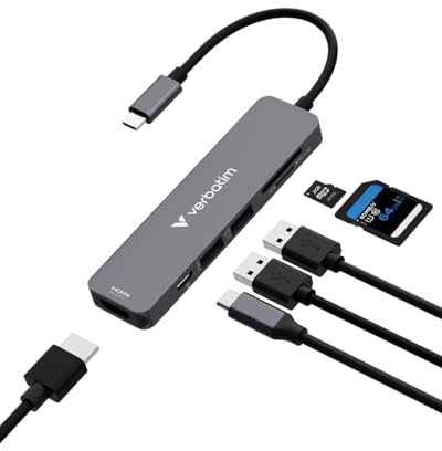 Verbatim USB-C Essentials Multiport Hub 6 Port HDMI PD 100W SD microSD | 6-in-1 USB-C Hub mit HDMI, USB-C Power Delivery bis 100W, USB-A 3.2 Gen 1 sowie SD- und microSD-Kartenleser