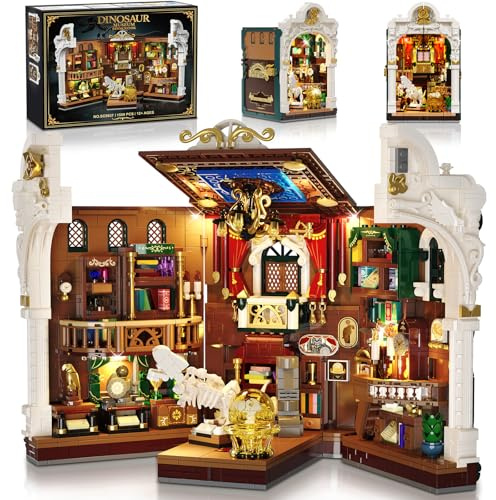 INSOON Dinosauriermuseum Book Nook Bauspielzeugset für Erwachsene mit Licht | DIY Booknook Klemmbausteine Baustein Set Haus Dekor, 1500 Stück Miniatur Haus Bauset Geschenk für Kinder Mädchen Jungen 12+