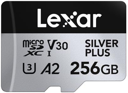 Lexar Silver Plus Carte mémoire micro SD 256 Go jusqu'à 205 Mo/s, carte mémoire flash MicroSDXC UHS-I avec adaptateur, C10, U3, A2, V30, Full HD, 4K UHD, carte TF haute vitesse pour drone, caméra