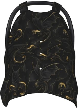 Autositzbezüge, Motiv: Drache, cooler Druck, atmungsaktiv, Stillbezug, Kinderwagen-Bezug, vielseitig verwendbar, für Babys, Jungen, Mädchen, Neugeborene, Schwarz / Gold