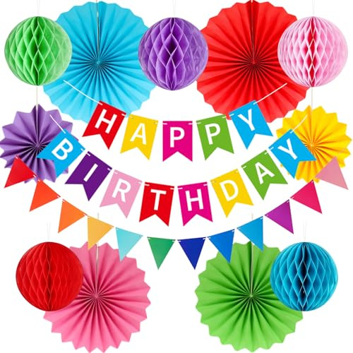 Decorazione Compleanno Arcobaleno, Buon Compleanno Decorazioni Arcobaleno con Striscione Happy Birthday Bandierine Ventagli di Carta Appesi Sfere a Nido d'ape, Kit Addobbi Festa Happy Birthday.