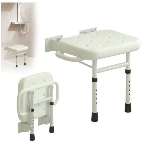 Duschklappsitz für Wandmontage, Duschsitz Klappbar Wandmontage Hohenverstellbar Duschstuhl Rutschfest Duschklappsitz mit Armlehnen, für Senioren Schwangere und Behinderte, Maximale Belastung 300kg