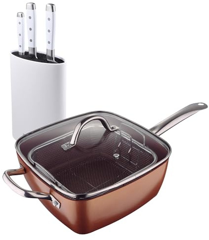 Quadratisches Pfannen-Set, 24 x 24 cm, aus gepresstem Aluminium + 3 Edelstahlmessern mit Optimum Copper Bergner