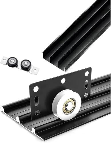 WYWY Kit de Rail de Porte Coulissante à Encastrement - Système Double Rail pour Panneaux Bois de 1/2 à 3/4, Quincaillerie Robust pour Portes Grange, Armoire, Placard & Cloisons(Black,100cm)