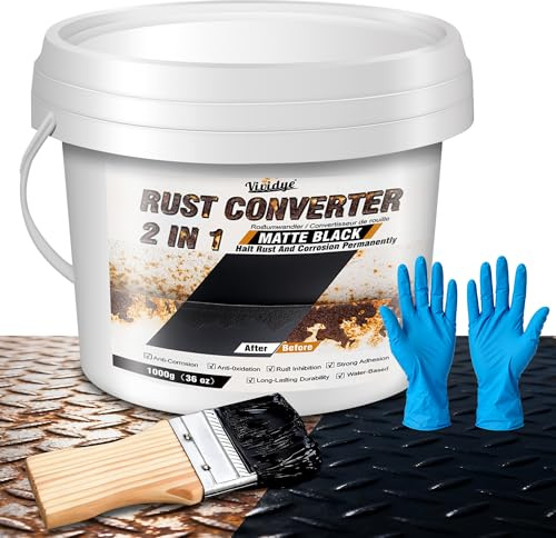 2 in 1 Rust Converter & Metal Primer, 1L / 1000g Matte Black Rust Remover for Metal, Trailer, Truck, Chassis, Frame, Water-based Rust Inhibitor and Encapsulator Paint, Easy Application, Long-Lasting