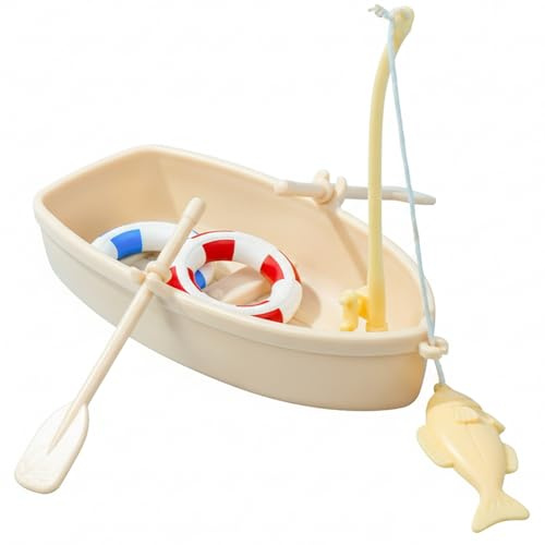 Hperu Miniboot – Spielzeug-Fischerboot – Mini mit Lebensretter und Fischmodell, beige PVC-Dekoration für Aquarium, Puppenhaus und Feengärten