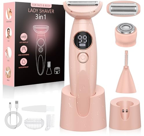 Rasierer Damen,3-In-1 Intimrasierer für Frauen,Gesichtshaarentferner,Damenrasierer Elektrisch Nass-Trockenrasierer Ipx7 Wasserdicht Trimmer Damen,für Bikinizone Achseln Beine,USB-Aufladung,Salzrosa