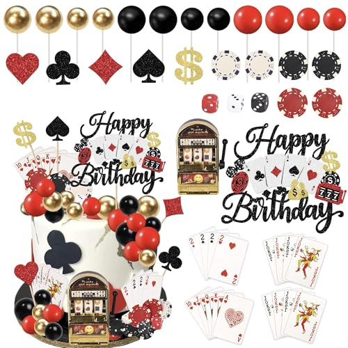 Xsstarmi 29 Packung Casino Kuchen Dekoration Poker Spielkarten Kuchen Deko und Mini Spielautomaten Schwarze Rote Glitzer Bälle Casino Chips Würfel Herzförmige Cupcake Toppers Geburtstag Dekoration