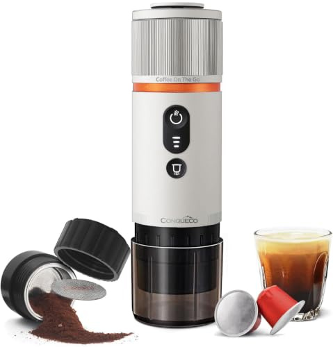 CONQUECO Macchina da Caffè Espresso Portatile - Caffettiera Elettrica da Viaggio con Batteria - per 12V Auto e Camion e Campeggio - Compatibile con la Capsula Nespresso e la Capsula L'or (Bianco)