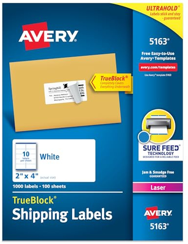 Avery Printable Shipping Labels with Sure Feed, 2 x 4 Customizable Stickers, White, 1,000 Blank Mailing Labels, Great for Mailing, Shipping, and More (5163)
