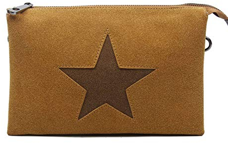 Stern Tasche Canvas Schultertasche Damentasche Schmucktasche Clutch Stofftasche Leder Stern (Cognac mit Stern 3xFach)