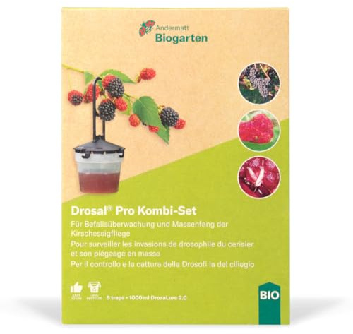 Andermatt Biogarten Drosal® Pro Kombi Set – 5 Fallen + 1 Liter DrosaLure – Kirschessigfliegen Falle – Lockstofffalle zur Befallserkennung & Massenfang – für Beeren, Kirschen & Trauben