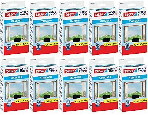 tesa® Insect Stop STANDARD Fliegengitter für Fenster - Insektenschutz zuschneidbar - Mückenschutz ohne Bohren - Fliegen Netz anthrazit, 130 cm x 150 cm (10)