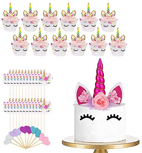 74 Stück Einhorn Tortendeko,Einhorn Kuchen Topper Happy Birthday für Geburtstag Hochzeit Party Kuchendeko 3D EinhornhöRner Und -Wimpern für Baby Shower Mädchen Kinder Geburtstag Party Decor(Rot)