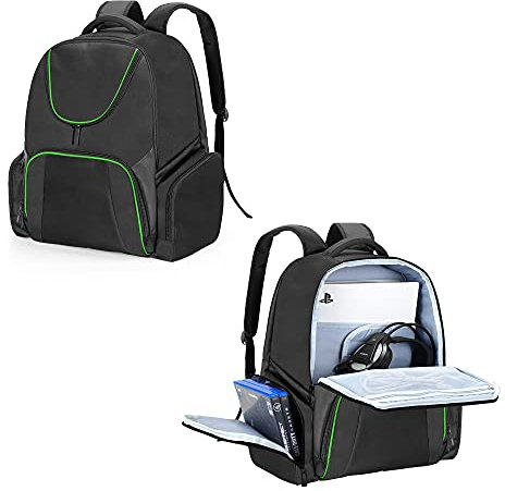 CURMIO Tragebar Rucksack für Xbox Series S, Xbox One, Xbox 360, PS5, PS4 und PS4 Pro, Tragetasche für Gaming Konsolen, Reisetasche für Controller und Zubehör (Leere Tasche), Grüne Streifen