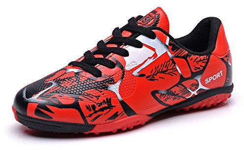 Tabrebull Kinder Fußballschuhe Herren Indoor Outdoor Fußballschuhe Athletic Turf Mundial Team Cleat Running Sports Leichte Atmungsaktive rutschfeste Dämpfungsschuhe Red 37