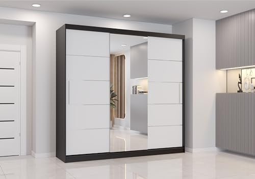Fabryka Mebli Idźczak Kleiderschrank mit Spiegel, Schiebetüren - Schwebetürenschrank, Schlafzimmerschrank - 61 x 233 x 218 cm - Schrank für Schlafzimmer, Ankleidezimmer, Garderobe - Grau, Weiß