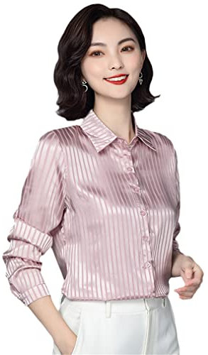 Chemisier vintage rayé pour femme simple et décontracté en satin de soie, rose, Taille 3XL