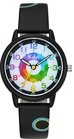 KDM Montre Enfant Fille Etanche Montres Bracelet Filles Enfants Design Sport Étanche Mignonne Dessin Montres Quartz Cuir Time Teacher Mode Cadeau Montres Elégantes pour Les Enfants Garçons Noir