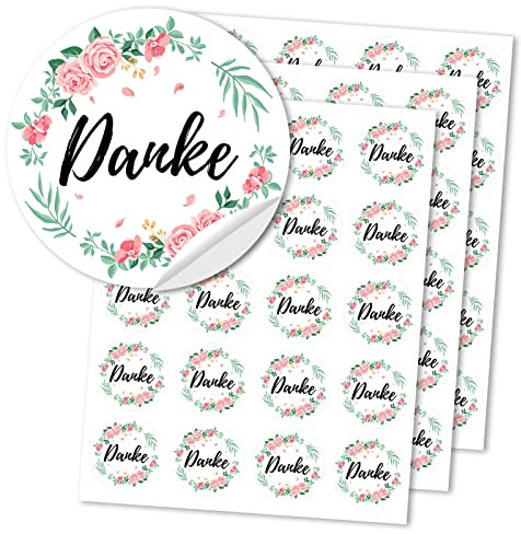 DPKOW 60 Danke Aufkleber mit Blumenmotiv, Rund Hochzeit Danke Sticker Deko für Geschenk Verpackung Etiketten Anhänger, Handgefertigte Karten Umschläge Danke Aufkleber für Taufe Kommunion Geburtstag