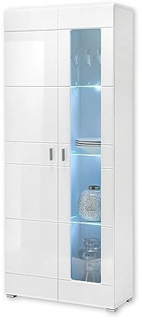 Stella Trading Enrique Vitrine, Weiß Hochglanz - Moderner Vitrinenschrank mit LED-Beleuchtung und viel Stauraum - 79 x 194 x 35 cm (B/H/T)