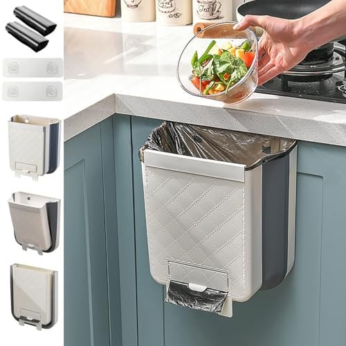 Ruucy Hanging Bin Kitchen, 11L Wall Mounted Kitchen Door Bin with Trash Bag Storage, Foldable Cupboard Bins for Kitchen Bathroom Car Camping, Food Waste Bin
