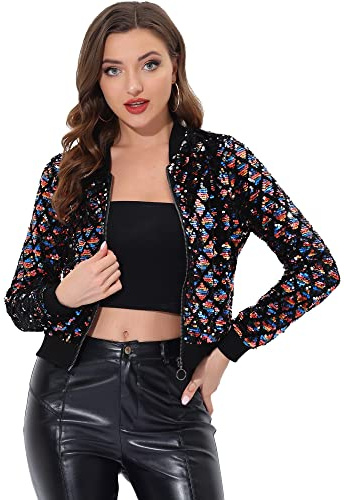 Allegra K Women's Bomber Jacket Long Sleeve Glitter Zip Sequin Jacket Rainbow M