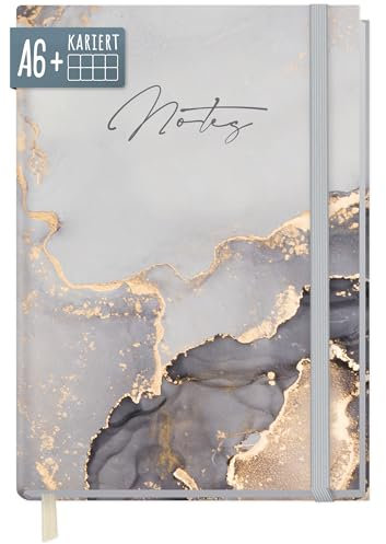paper&you® Notizbuch kariert A6+ mit Gummiband Grey Marble mit 156 Seiten, 78 Blatt - Notizheft, Bullet Journal, Tagebuch - nachhaltig & klimafreundlich